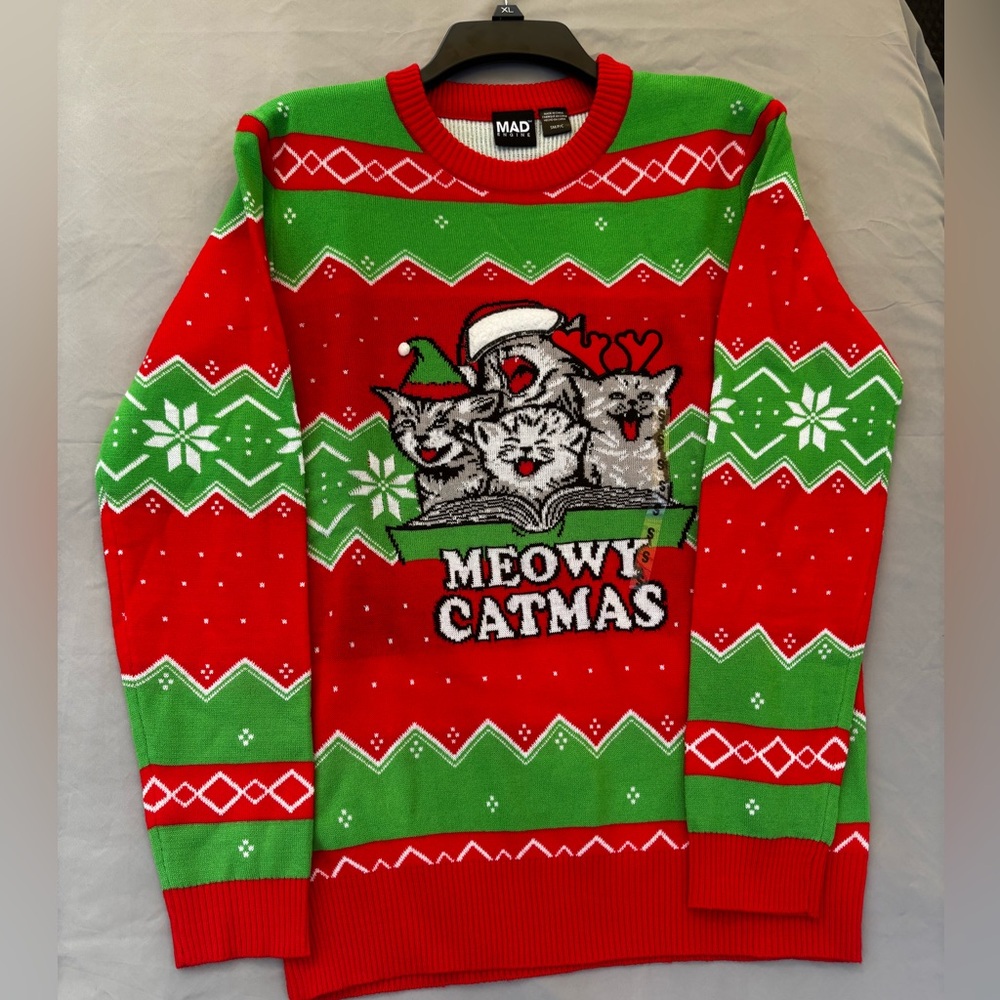 Meowy Catmas Cat Ugly Christmas Holiday Sweater Men Size S Unisex